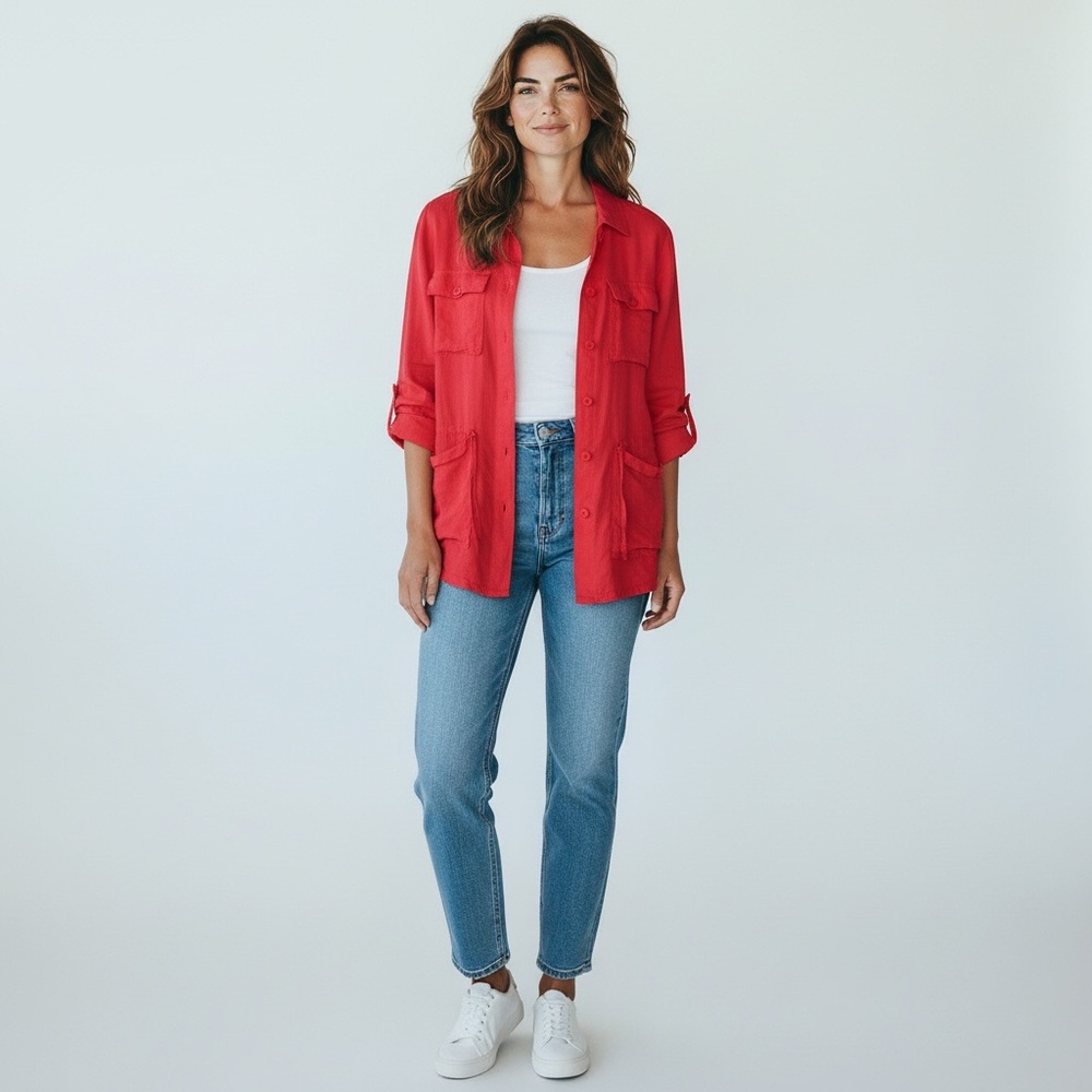 CHARTER CLUB 100% Linen Utility Jacket in Red Size Medium -- CLOSET STAPLE!!! - Picture 3 of 9